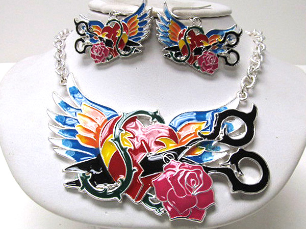 Metal wing heart colorful rose and scissors art design long chain necklace earring set