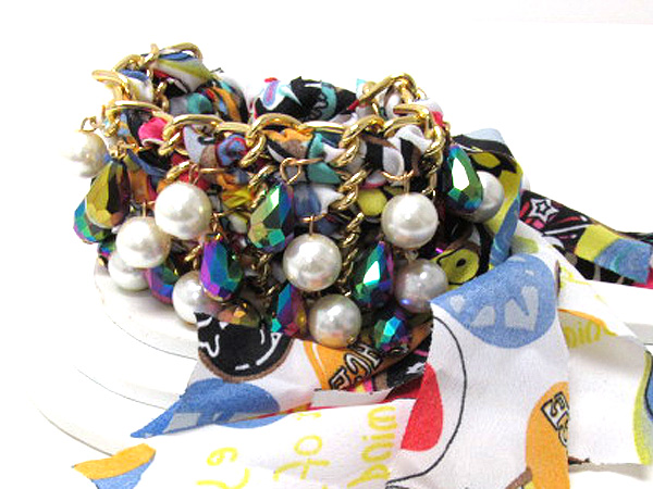 Multi crystal teardrop glass and pearl on metal fashion fabric print peace patern wrap scarf bracelet