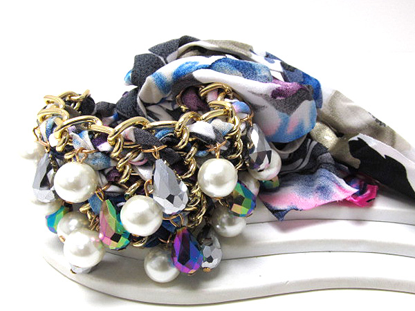 Multi crystal teardrop glass and pearls on metal fashion fabric print patern lines wrap scarf bracelet