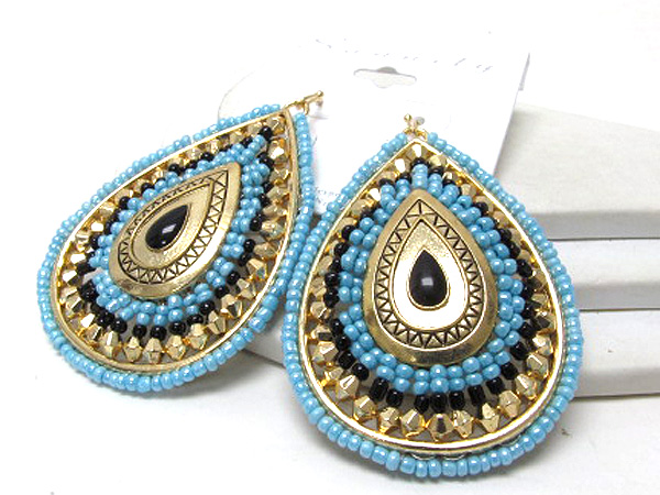 Multi ethnic design seed bead and oval small metal on tear drop earring