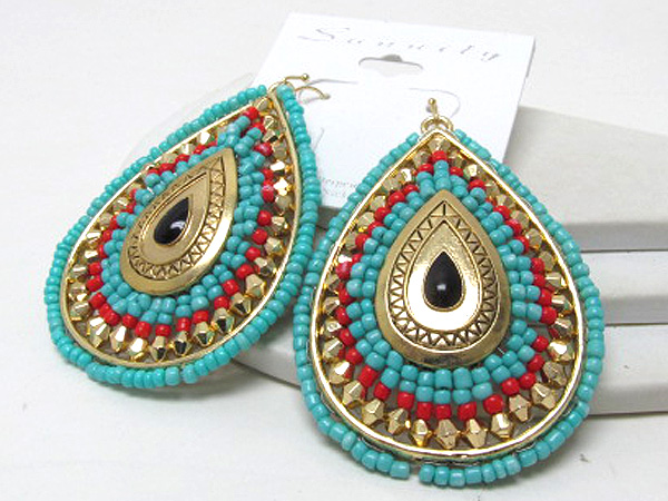 Multi ethnic design seed bead and oval small metal on tear drop earring