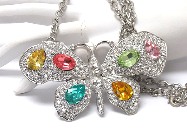 Multi size crystal and crystal glass large fashion butterfly long chain necklace