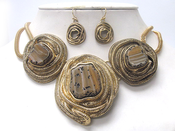 Three natural stone on center fashion twisted snake shape drop tub chain necklace earring set