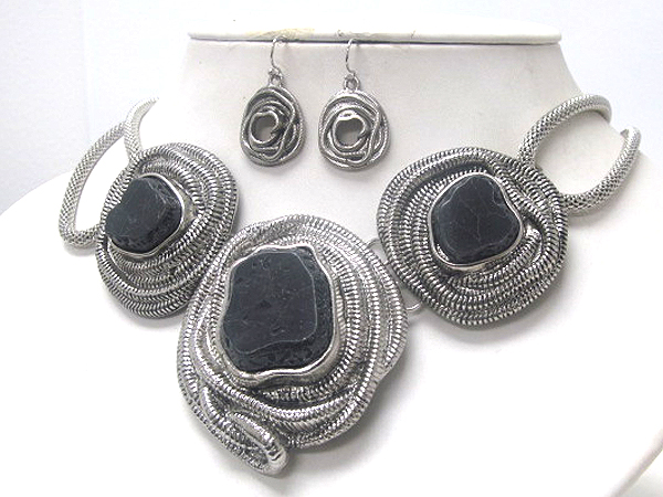 Three natural stone on center fashion twisted snake shape drop tub chain necklace earring set