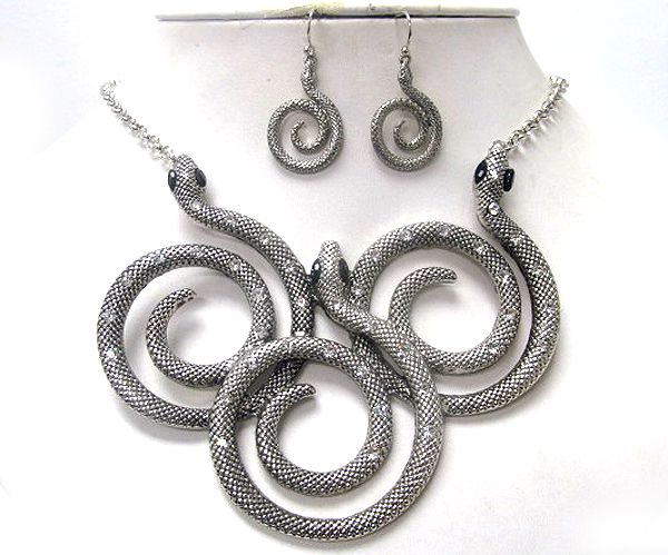 Three fashion crystal patern twisted snakes drop chain necklace earring set