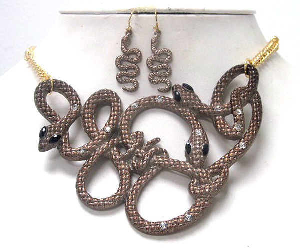 Three fashion crystal patern twisted snakes drop chain necklace earring set