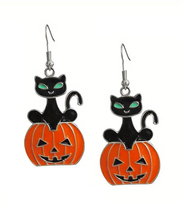 Halloween theme pumpkin and black cat earring