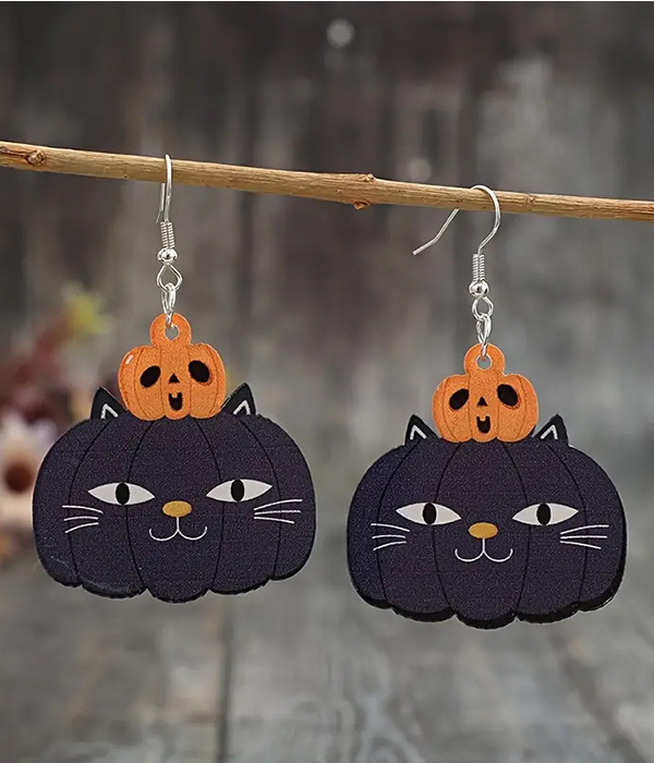 Halloween theme black cat and pumpkin earring