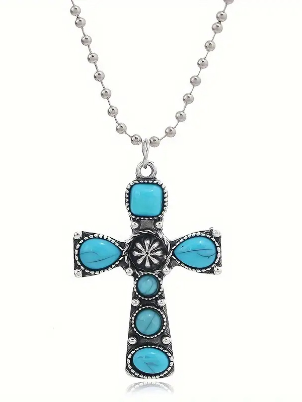 Retro turquoise cross pendant necklace