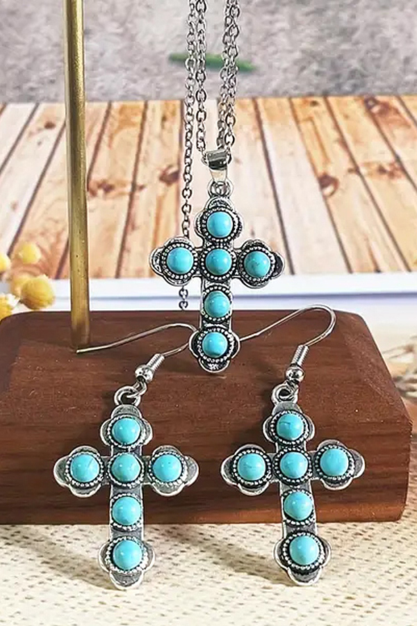 Retro turquoise cross necklace and earring set