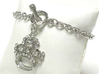 Crystal crown charm dangle toggle bracelet