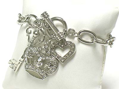 Crystal crown heart key charm dangle toggle bracelet