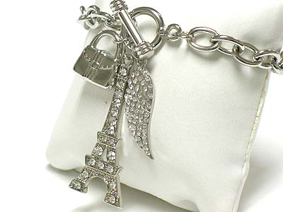 Crystal eifel tower wing bag charm dangle toggle bracelet