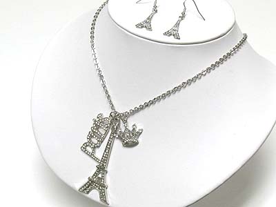 Crystal paris eifel tower charm dangle long necklace and earring set