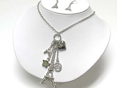 Crystal paris eifel tower charm dangle long necklace and earring set