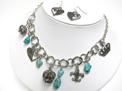 Turquoise ball and crown charm necklace and earring set