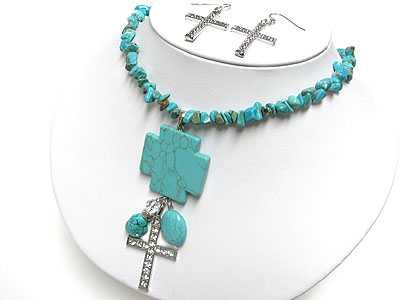 Turquoise fat cross and crystal cross dangle necklace and earring set