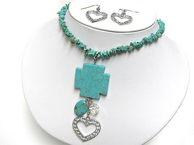 Turquoise fat cross and crystal heart dangle necklace and earring set