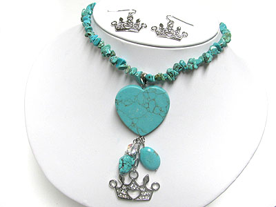 Turquoise heart and crystal crown dangle necklace and earring set