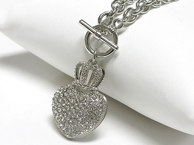 Crystal crown top puffy heart pendant  necklace