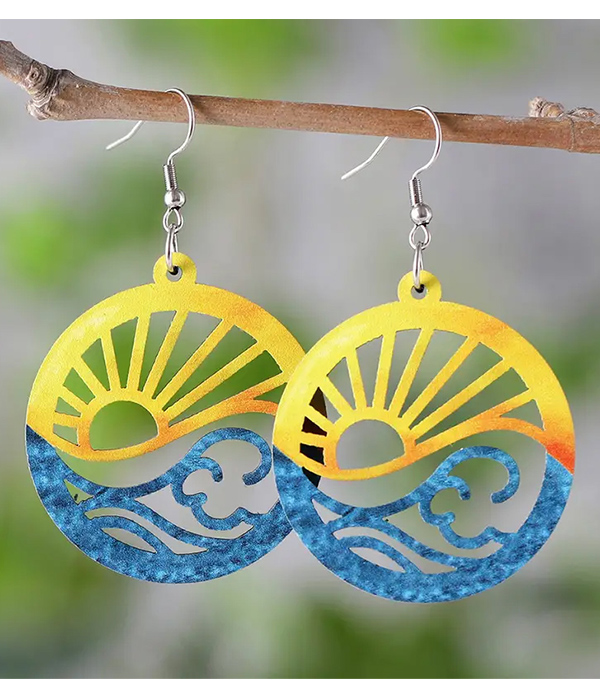 Laser cut wood disc earring - sun and wave