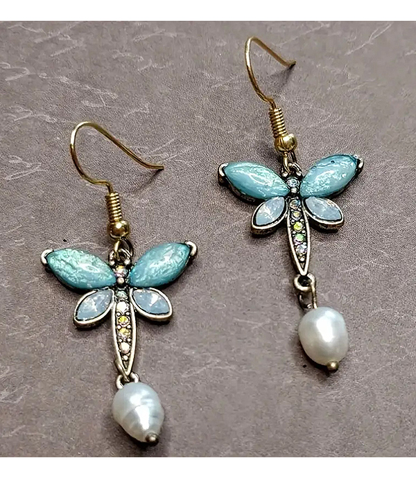 Faux pearl drop dragonfly earring