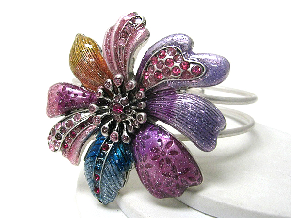 Multi color painted and crystal deco large flower bracelet