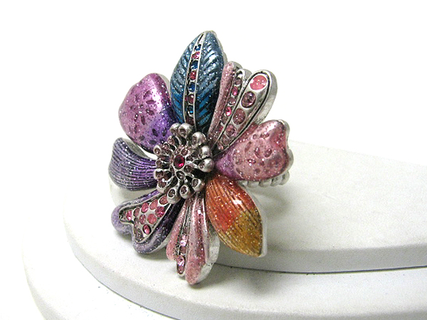 Multi color painted and crystal deco large flower stretch ring