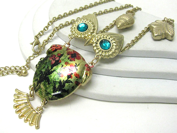 Crystal eyed and painted body - three part link owl long necklace earring set