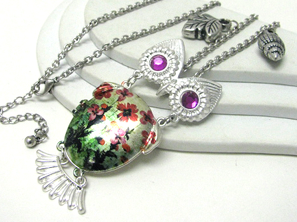 Crystal eyed and painted body - three part link owl long necklace earring set