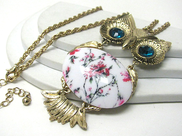 Crystal eyed and painted body - three part link owl long necklace