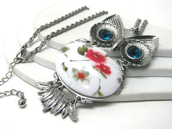 Crystal eyed and painted body - three part link owl long necklace