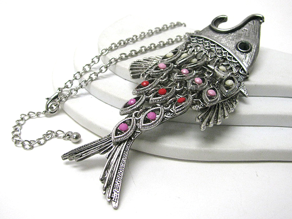 Crystal eyed and acrylic stone deco large fish pendant long necklace