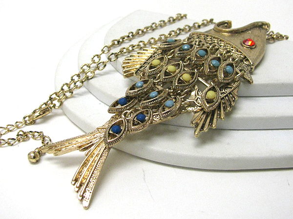 Crystal eyed and acrylic stone deco large fish pendant long necklace