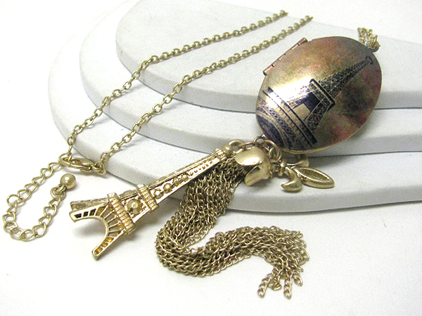 Antique style paint and eiffel tower long necklace