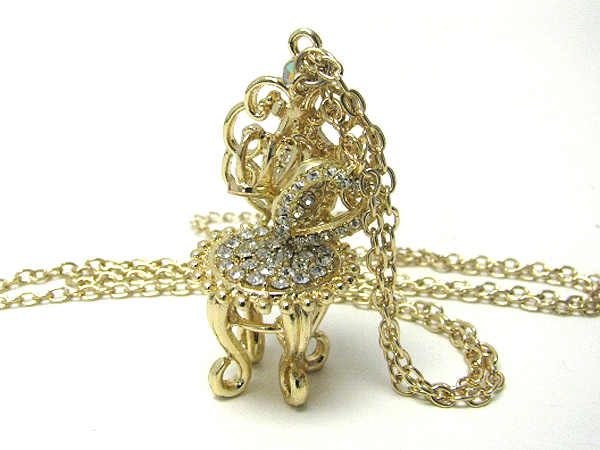 Crystal stud 3d chair and heart and crown charm long necklace