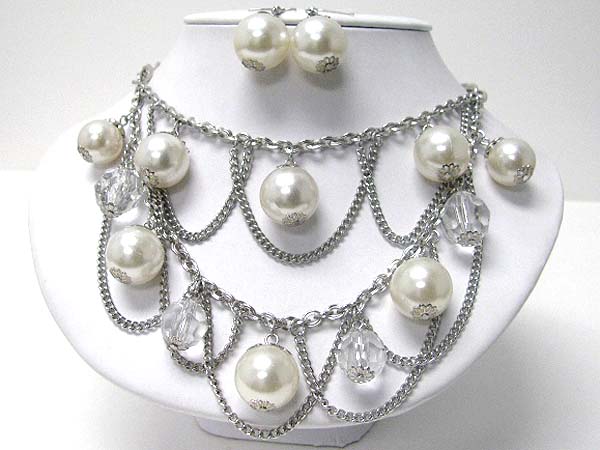 Bib style chain and pearl drop necklace earring set