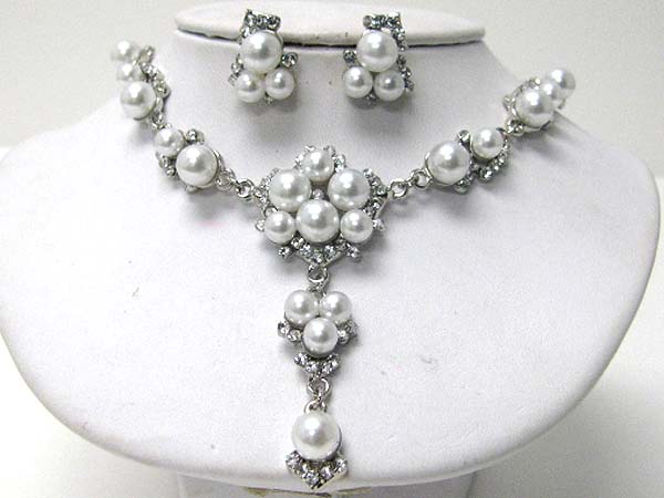 Crystal and pearl deco y shape necklace earring set