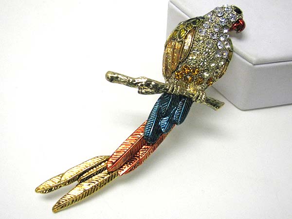 Crystal stud and painted large parrot pin or brooch