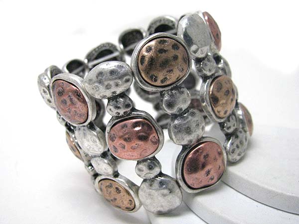 Multi hammered metal disk link wide stretch bracelet