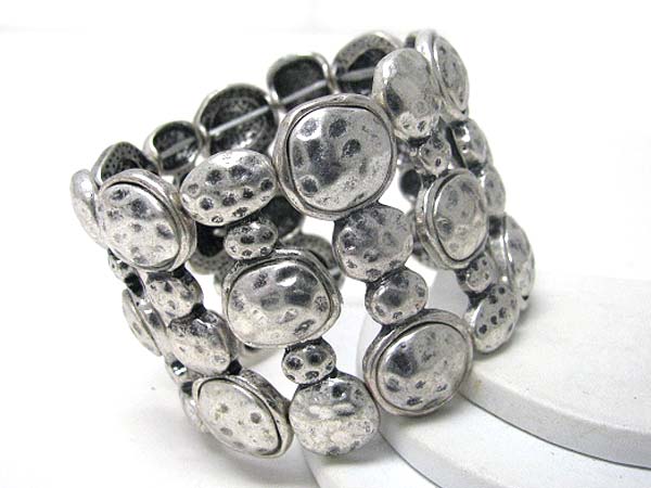 Multi hammered metal disk link wide stretch bracelet