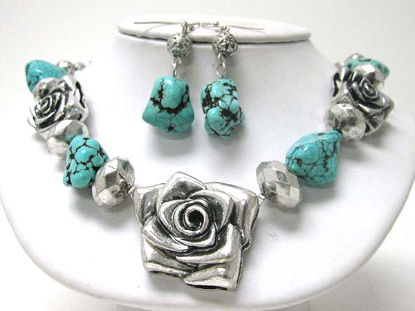 Metal rose and turquoise link necklace earring set