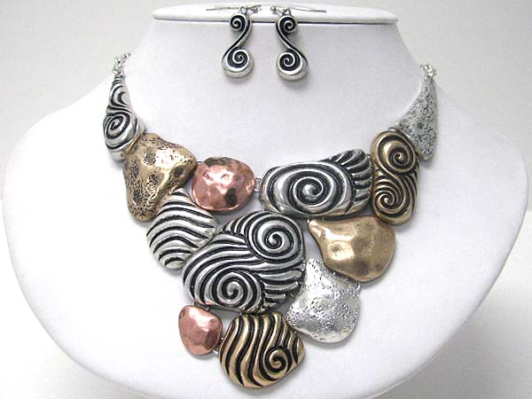 Architectural hammered and artistic metal casting large bib style necklace earring set