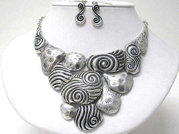 Architectural hammered and artistic metal casting large bib style necklace earring set