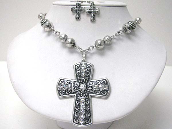 Crystal deco large cross pendant and metal ball link chain necklace earring set