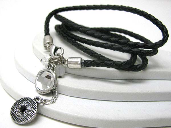 Crystal center metal disk dangle and synthtic leather coiled bracelet - free wrap style