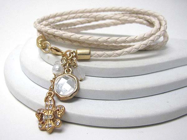 Crystal deco fluer de lis dangle and synthetic leather coiled bracelet - free wrap style