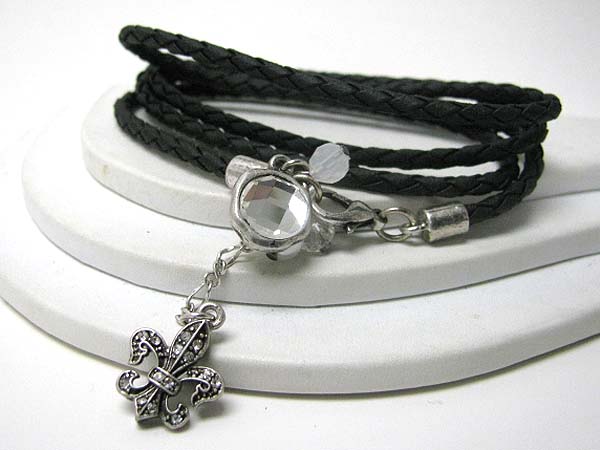 Crystal deco fluer de lis dangle and synthetic leather coiled bracelet - free wrap style