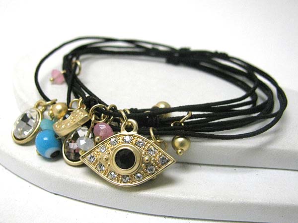 Crystal deco multi evil eye charm and cord stretch bracelet