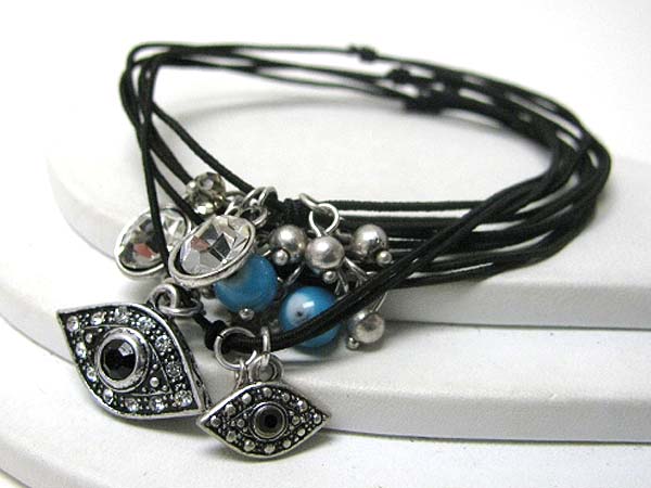 Crystal deco multi evil eye charm and cord stretch bracelet